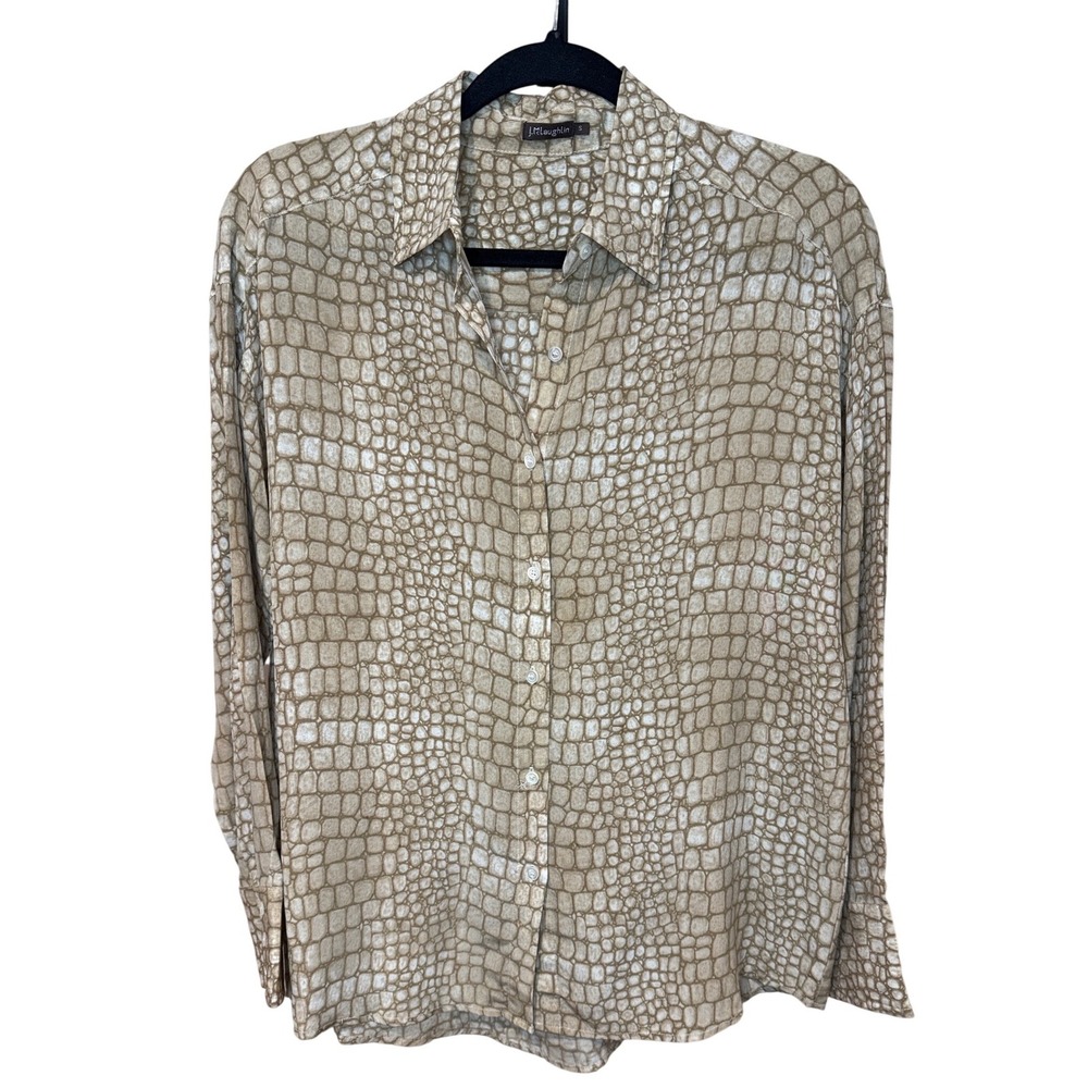 J.McLaughlin Silk Crocodile Print Button Down Shirt Blouse Tan Beige Small